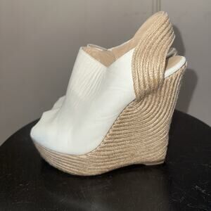 Authentic GUCCI Cream Leather Raffia Jute Wedge Heel Slingback Sandals EU 37.5